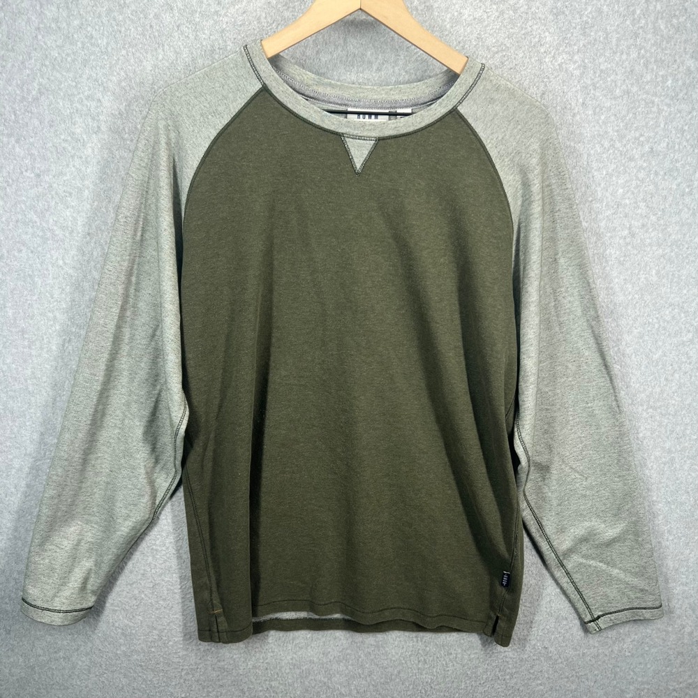 ROWM Mens Long Sleeve Raglan Shirt Olive Green Gray Crew Neck Cotton Blend L